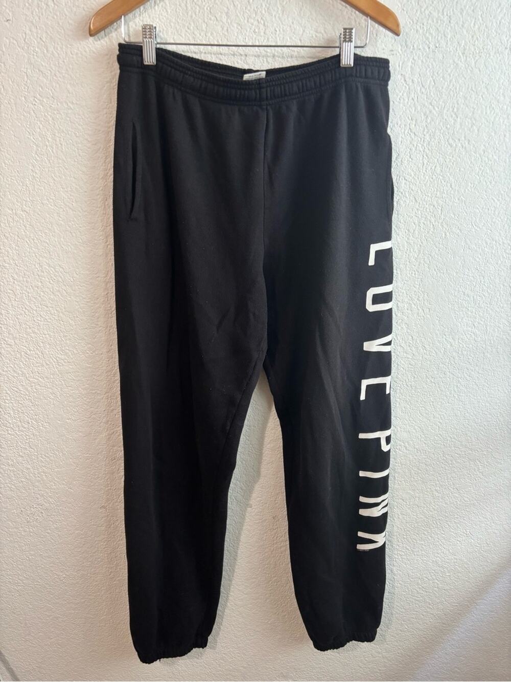 PINK Victoria's Secret Black Jogger Pants White Side Logo Spell Out Small